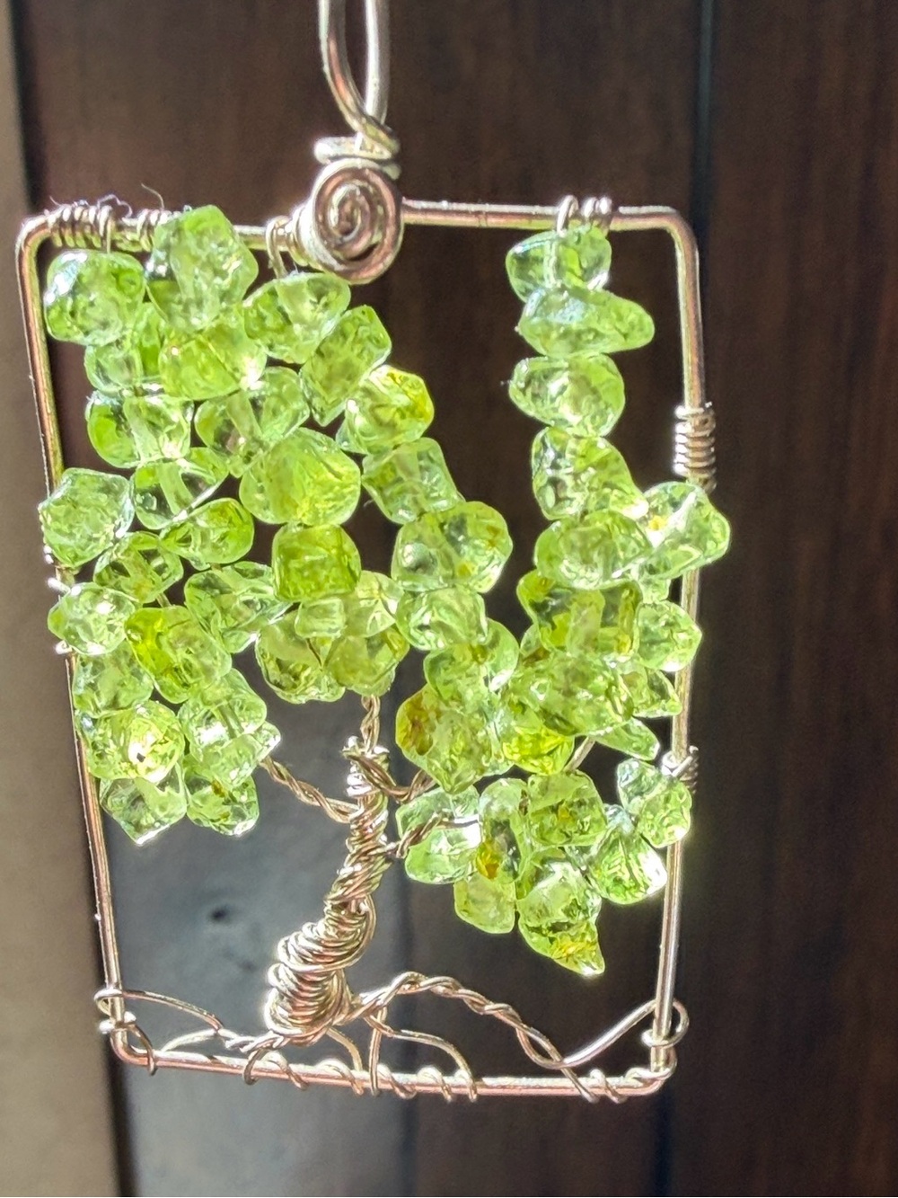 💚 Handmade Peridot Tree of Life Wire Wrapped Rectangle Pendant Necklace